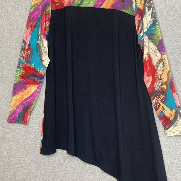 MISHCA Top Artsy Colorful Poly Knit Long Sleeve Asymmetrical Hem Sz XL Stretch - Picture 3 of 14